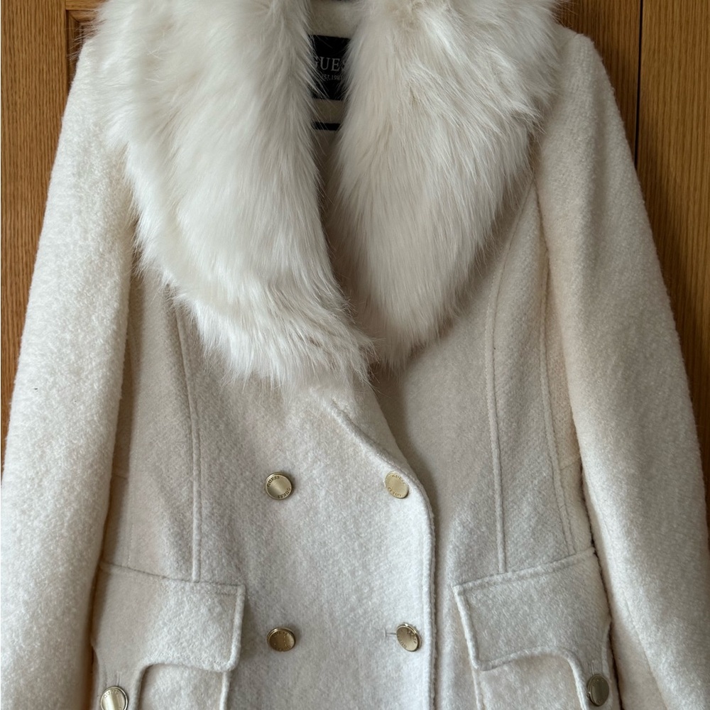 Guess White Double-Breasted Pea Coat with Faux Fur Collar - Picture 3 of 8